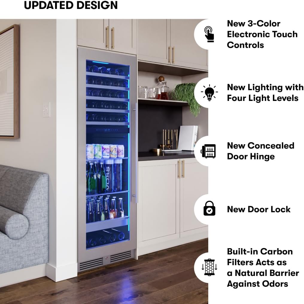 Zephyr 24 Inch Wine Fridge & Beverage Refrigerator Dual Zone Full Size - Tall Wine Cooler Cellars Large Bar Drink Cabinet Freestanding with Glass Door - 161x12oz cans & 54x750 ml bottles