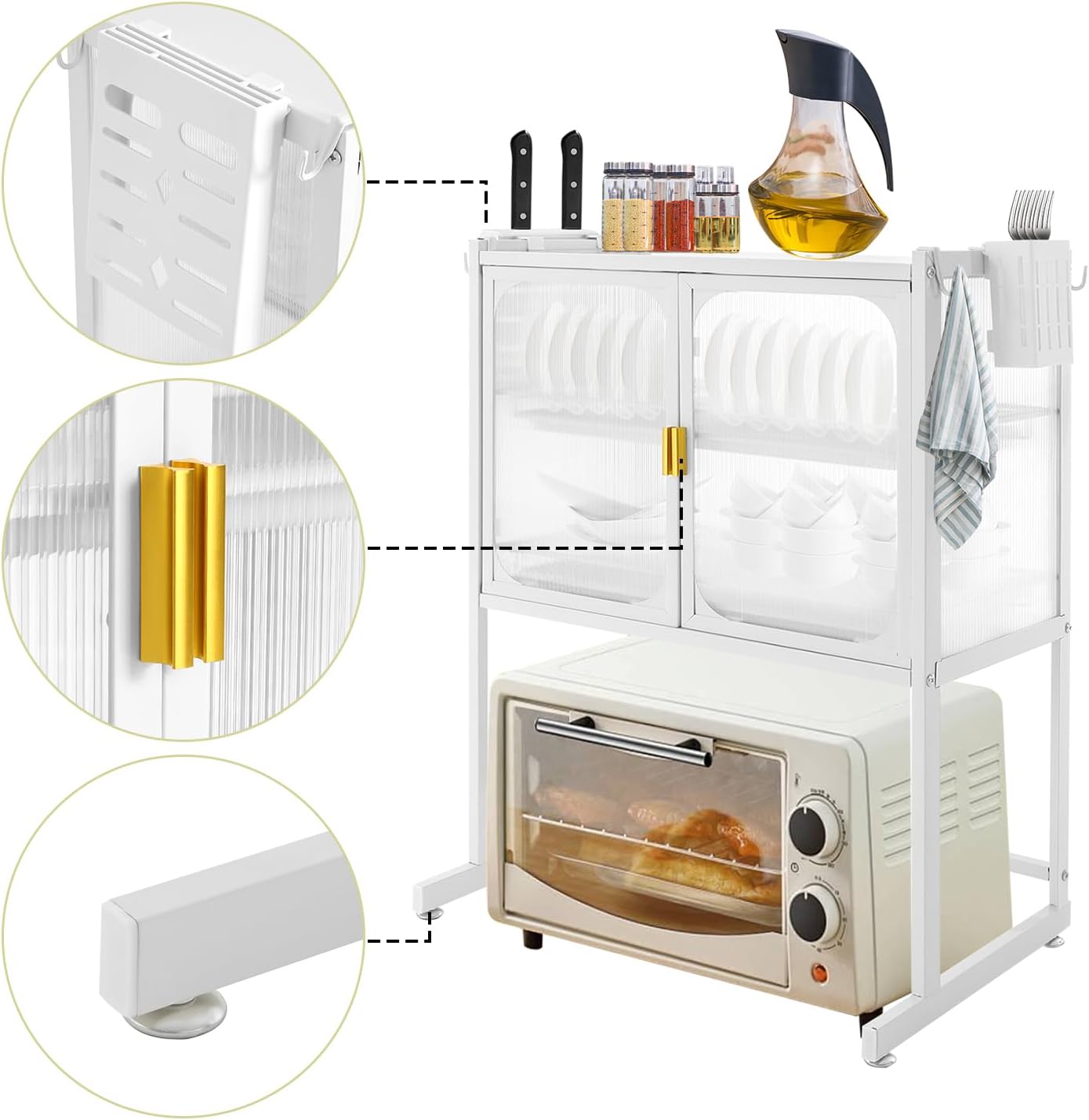 Microwave Oven Rack, Kitchen Dish Shelf Metal Microwave Counter Stand with Storage Cabinet Draining Tray Multifunctional Countertop Organizer for Utensils Tableware