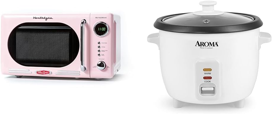Nostalgia Retro Compact Countertop Microwave Oven - 0.7 Cu. Ft. - 700-Watts & Aroma Housewares Aroma 6-cup (cooked) 1.5 Qt. One Touch Rice Cooker, White (ARC-363NG)