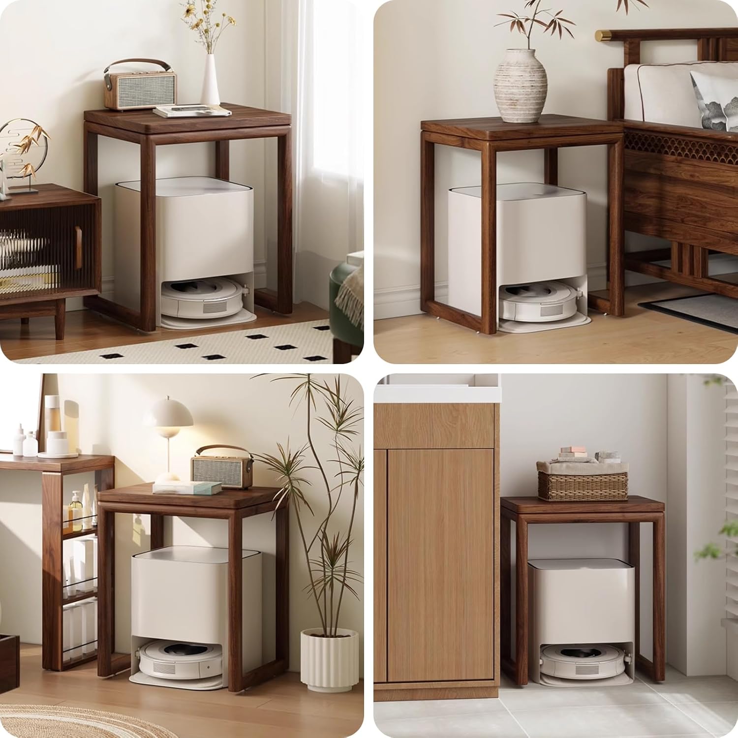Robot Vacuum Storage Side Table End Table Cabinet Solid Wood Sweeping Robot Storage Cabinet Push-Pull Roller Design for Living Room Kitchen Hallway(Natural)