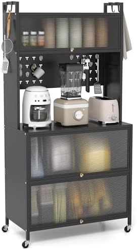 Giantex 5 Tier Rolling Kitchen Bakers Rack with Wheels, Microwave Stand with Flip Door Storage Cabinets, Pegboard & Hooks, Adjustable Foot Pads, Standing Pantry for Home Coffee Bar (Black)