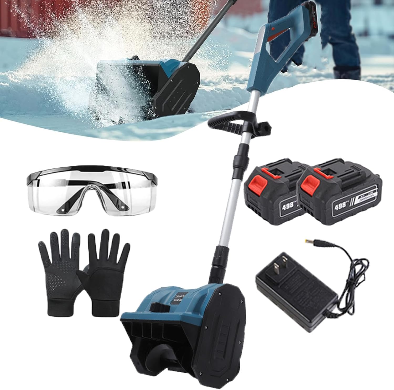 Home Cordless Snow Shovel with Battery and Charger, Electric Folding Snow Blower with 13in Width, 6in Depth, 26ft Throw Distance for Patio Deck Driveway,Blue-2Batteries