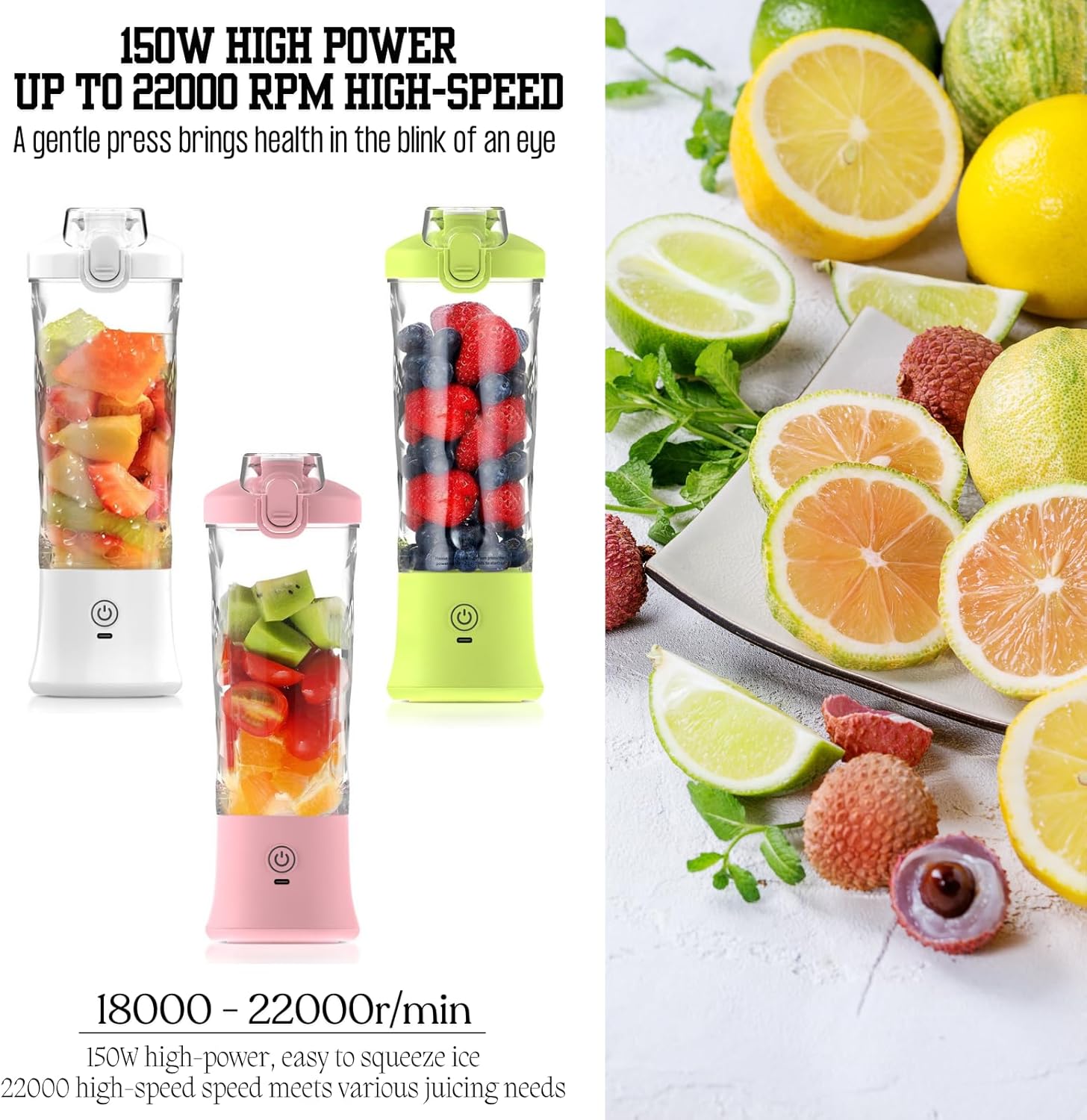 Portable Juicer Blender, 20oz/600ml Smoothie Maker with 6 Blades, USB-C Rechargeable 4000mAh Battery, Multi-Purpose Travel Blender for Smoothies, Shakes and Juices (Fluorescent Yellow)