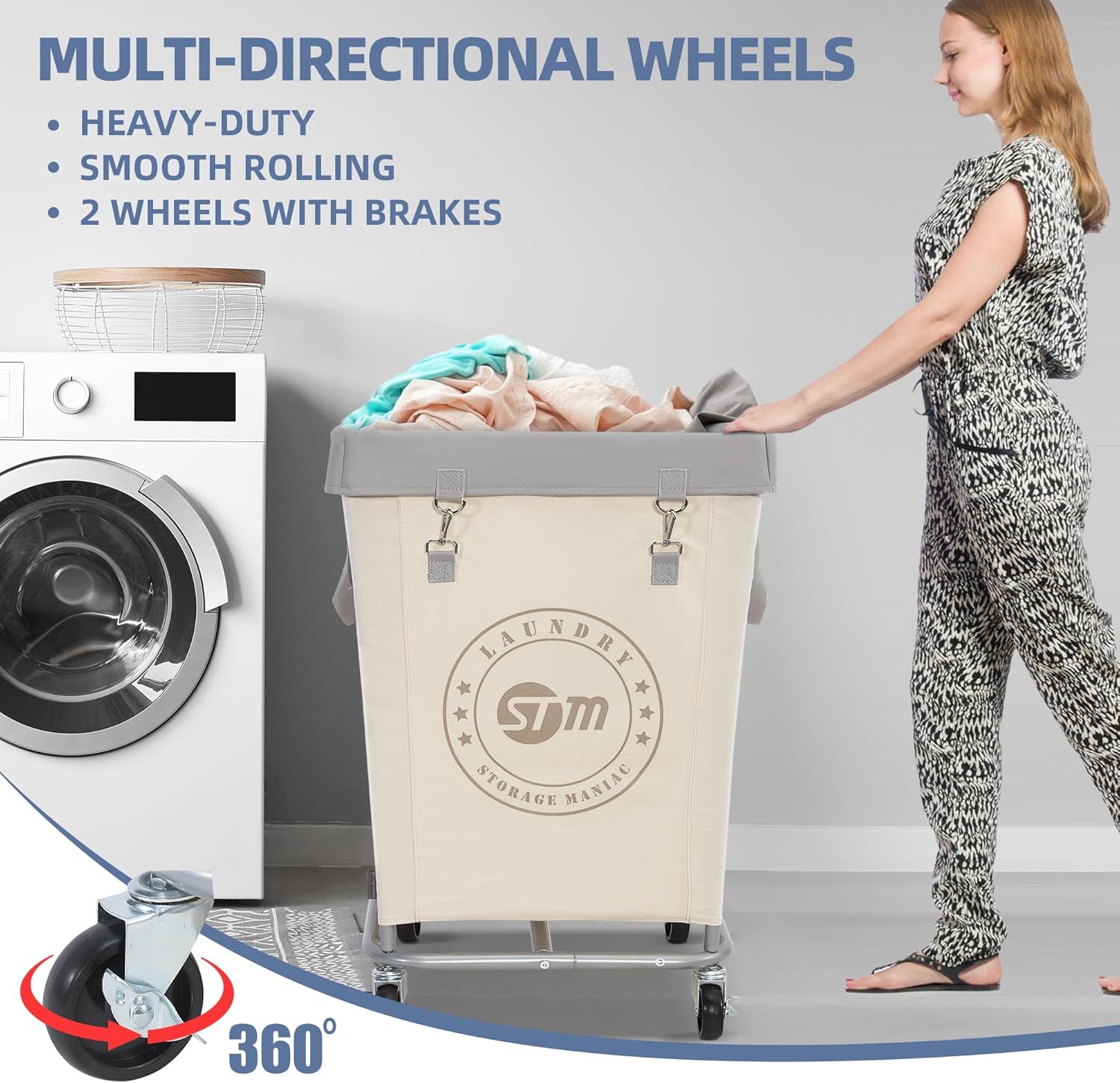 STORAGE MANIAC Commercial Laundry Hamper with Heavy Duty Steel Frame, 160 L Industrial Laundry Basket Cart with Wheels for Hotel, Home, Laundry Room, 17.72''L x 17.72''W x 30.91''H, Medium Beige