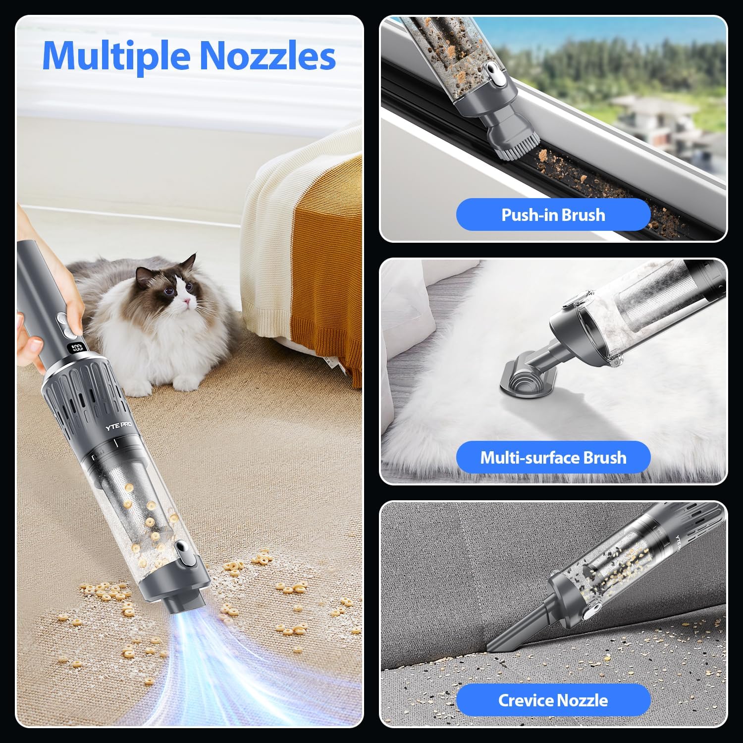 Handheld Vacuum Cordless 25000Pa Car Vacuum 3-in-1 Handheld Vacuum, Includes Smart Display and Charging Base Hand Vac Cordless Rechargeable One-Touch Empty for Home/Pet/Car (Silver)