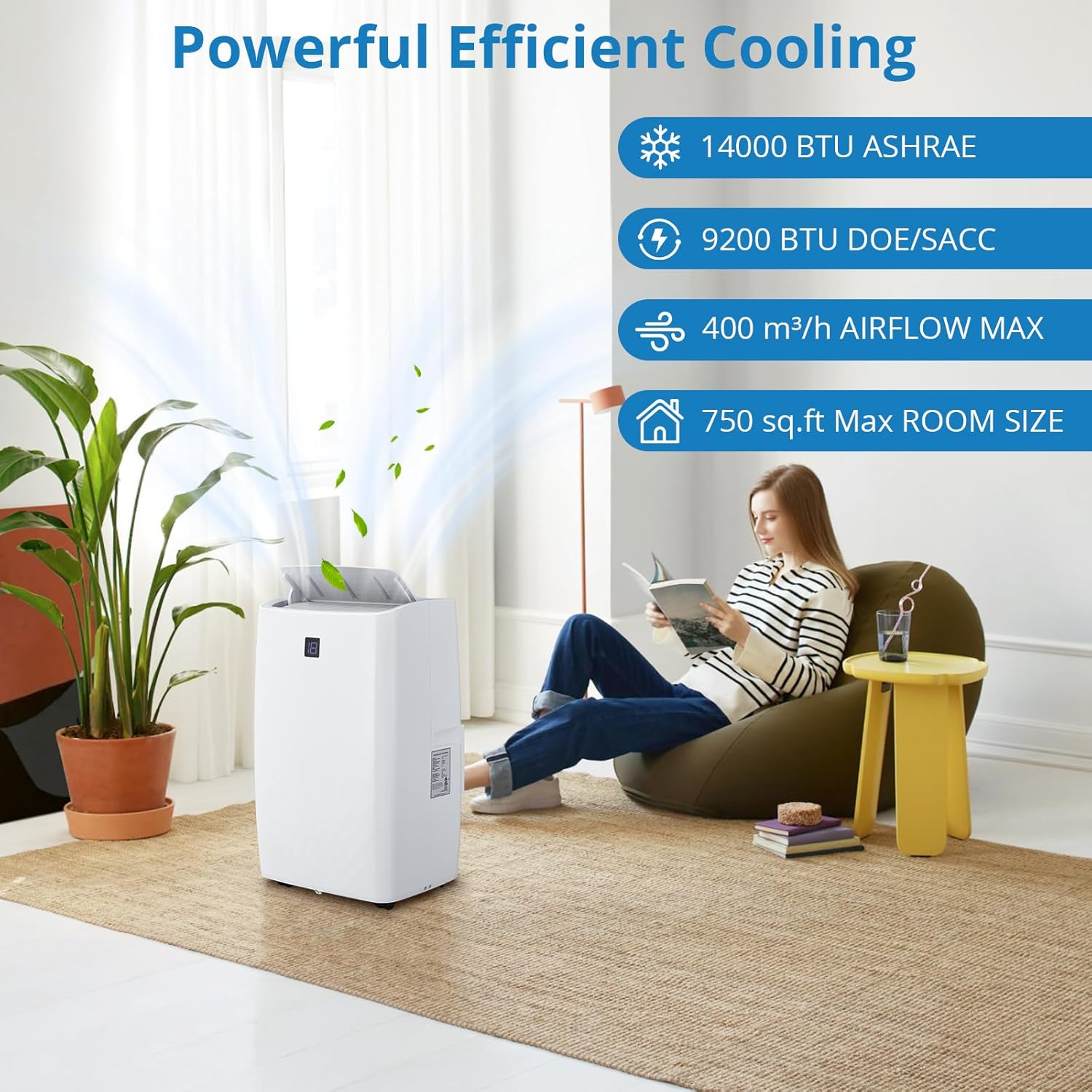 GarveeLife 14,000 BTU Portable Air Conditioners, Cools Up to 750 Sq.Ft, Auto-Evaporation Low Noise, 3 in-1 Portable AC Unit with Remote Control Fits for Large Room, Office, Garage, White