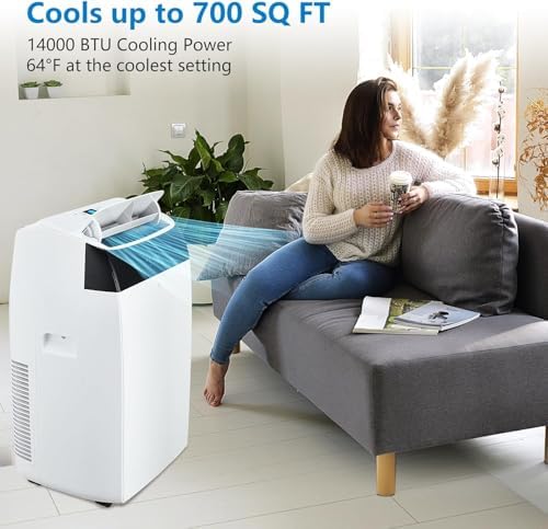 14,000 BTU (ASHRAE) / 10,200 BTU (SACC) Portable Air Conditioner for Spaces up to 750 Sq. Ft. 3-IN-1 Ultra-Quiet Room AC Unit with Cooling, Dehumidification, Fan Functions, Sleep Mode, 24-Hour Timer