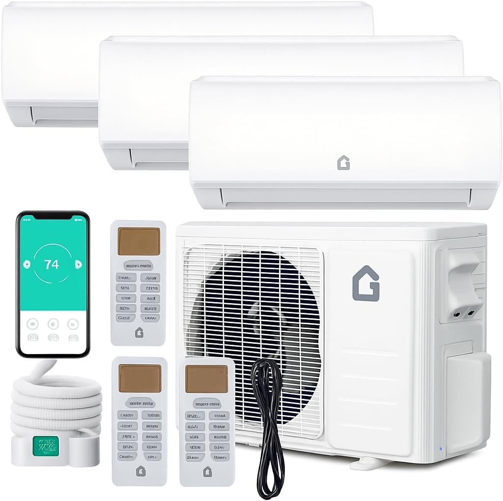 28000 BTU Tri Zone WIFI Mini Split AC/Heating System, 20 SEER2 3 Zone 9000 + 9000 + 9000 BTU Ductless Split Air Conditioner with Pre-Charged Condenser, Heat Pump & Installation Kits, 208-230V
