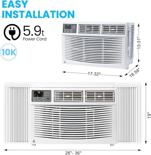 10000 BTU Window Air Conditioner Unit, AC Unit with Remote Control Cools up to 450 Sq. Ft, 3 Cooling/Fan Speeds, Auto Restart/Quiet Operation, for Bedroom, Living Room, Office
