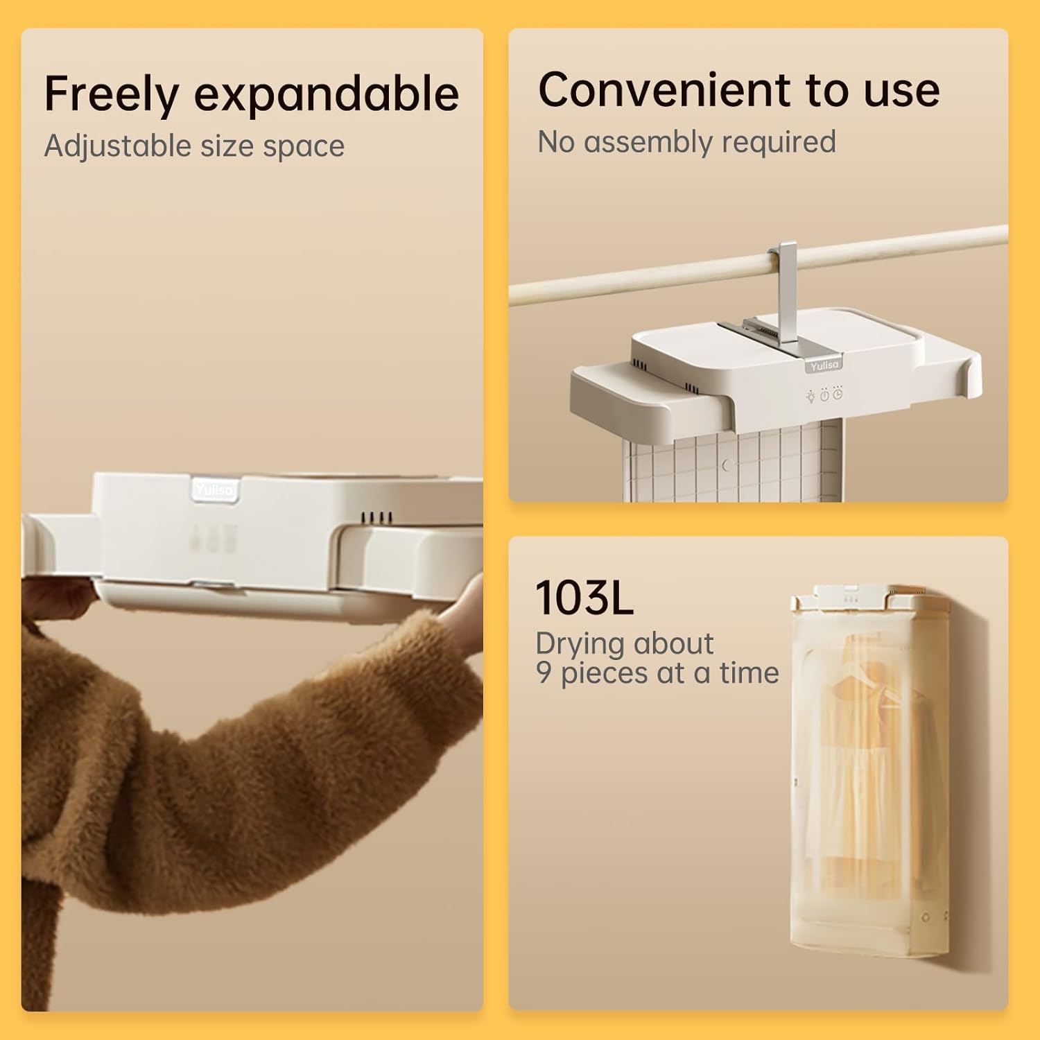 Yulisa 3.5Cu Ft Portable Clothes Dryer,22LB Capacity with Traceless & Folding Hooks,Dual Heat Modes for Delicates/Jeans,Energy Efficient Foldable Dryer for Small Spaces,Apartments,Travel,RV