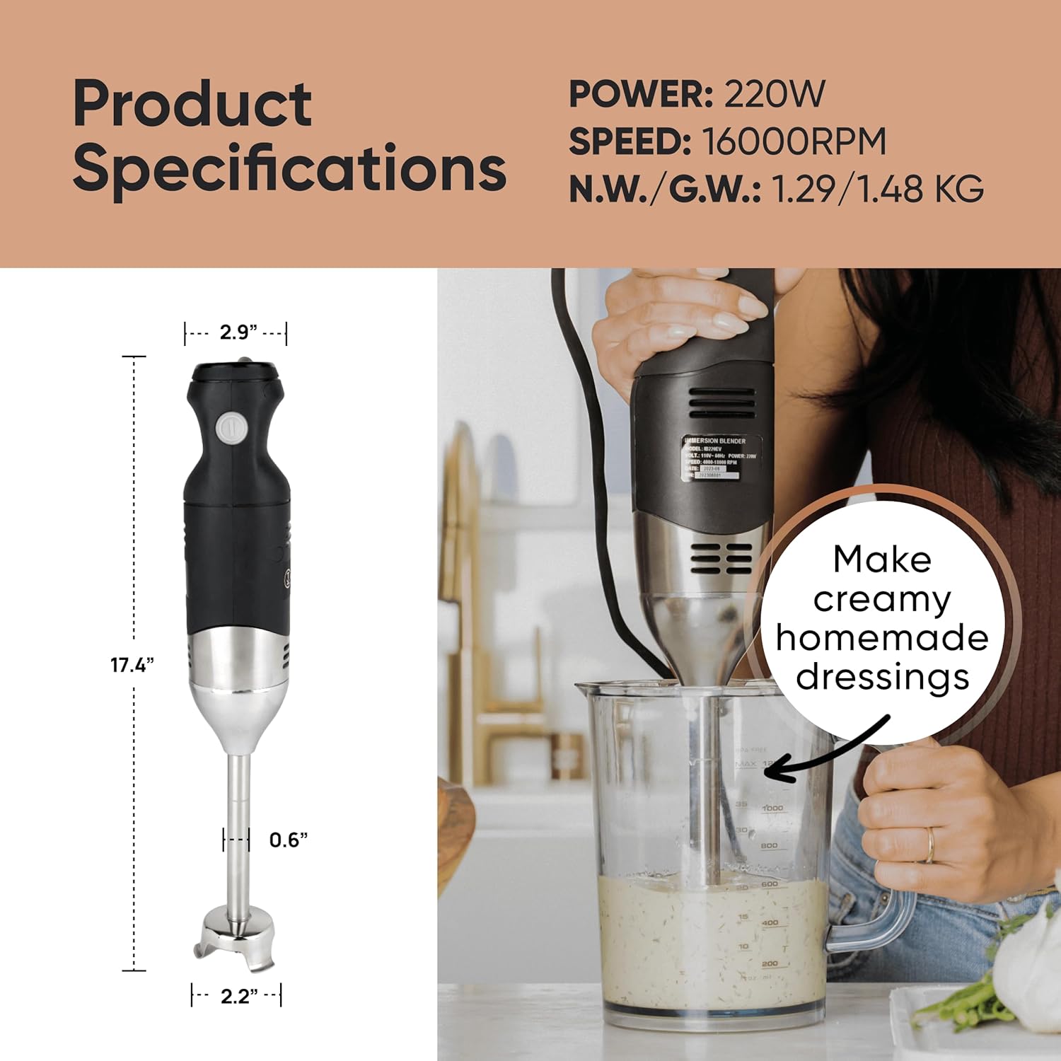 Handheld Immersion Blender 220W - 7” Stainless Steel with 8 Speeds - 110V + 1-Yr Coverage and 24/7 Pro Chef Support