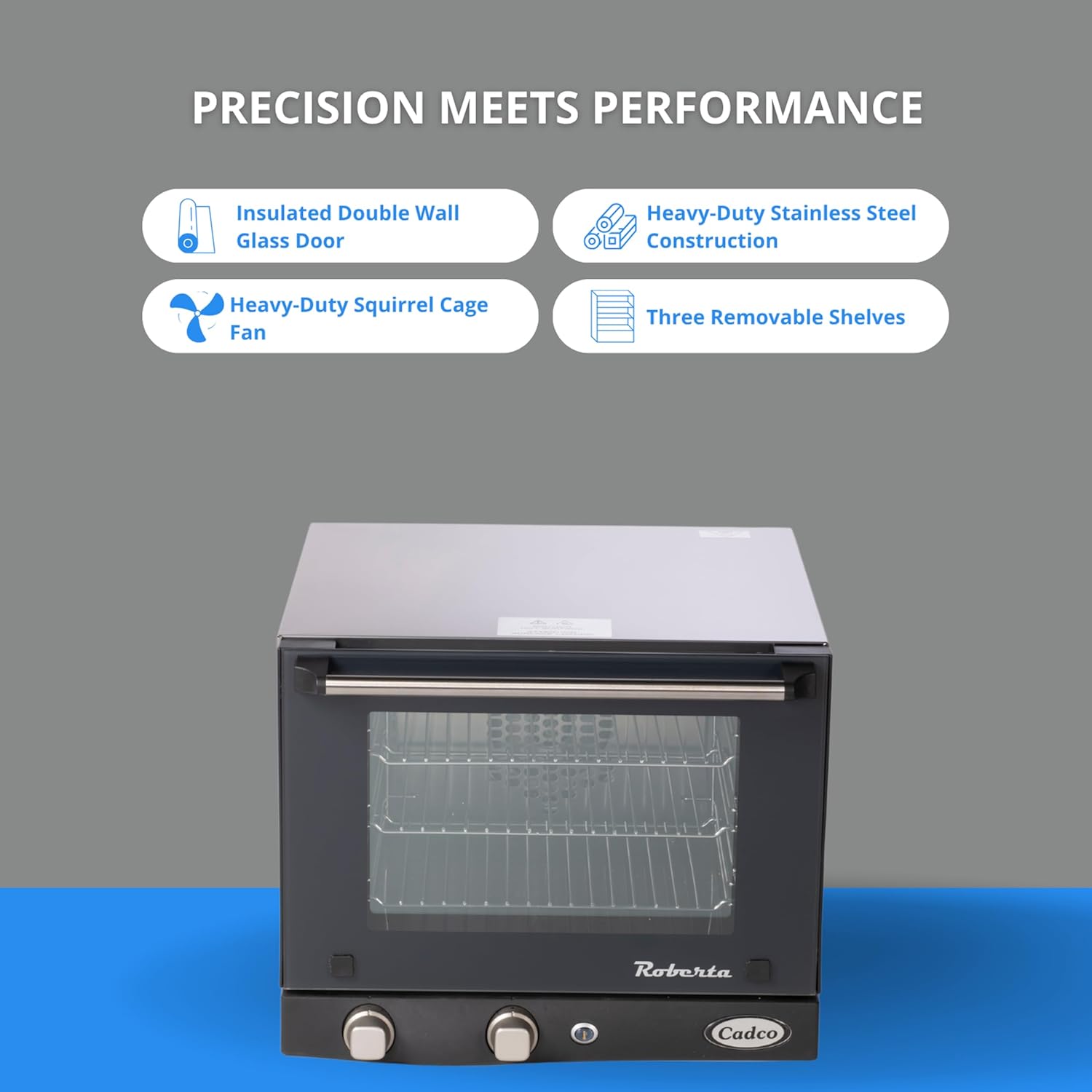 Cadco OV-003 Quarter-Size Commercial Countertop Convection Oven, 3 Pan Capacity, Manual Time & Temp Controls, Stainless Steel, 18-7/8