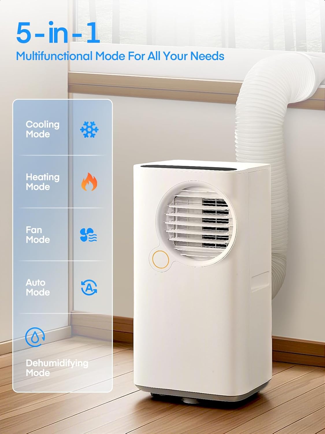 FOHERE 8000 BTU Portable Air Conditioner for Room and Heater up to 365 Sq.Ft, 5 IN 1 All Season AC Portable Air Conditioner with Remote Control and Window Kit Included, White