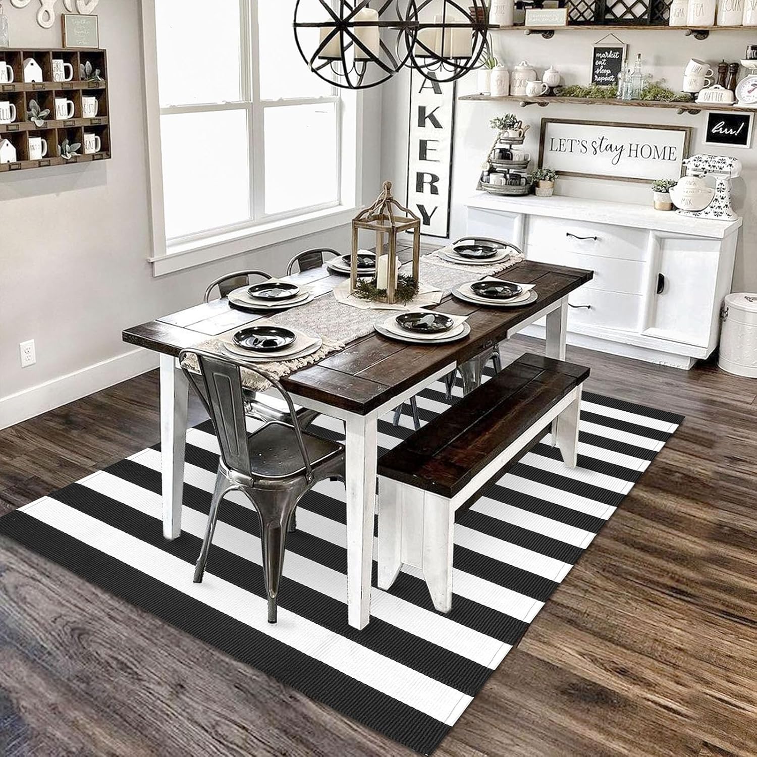 KILOCOCO Black White Striped Rug 5x7 Area Rugs for Living Room Cotton Machine Washable Front Porch Layered Rugs for Patio Farmhouse Bedroom Kitchen Laundry Room