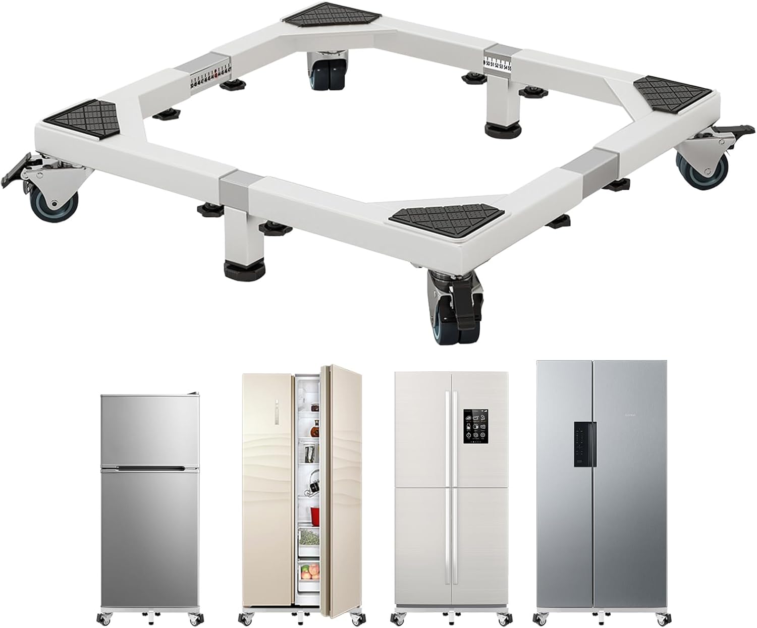 Heavy Duty All Steel Fridge Stand with Wheels Mobile Base Universal Adjustable Washing Machine Stand Multi-Functional Base Furniture Dolly for Refrigerator, Washer and Dryer（White/Large）