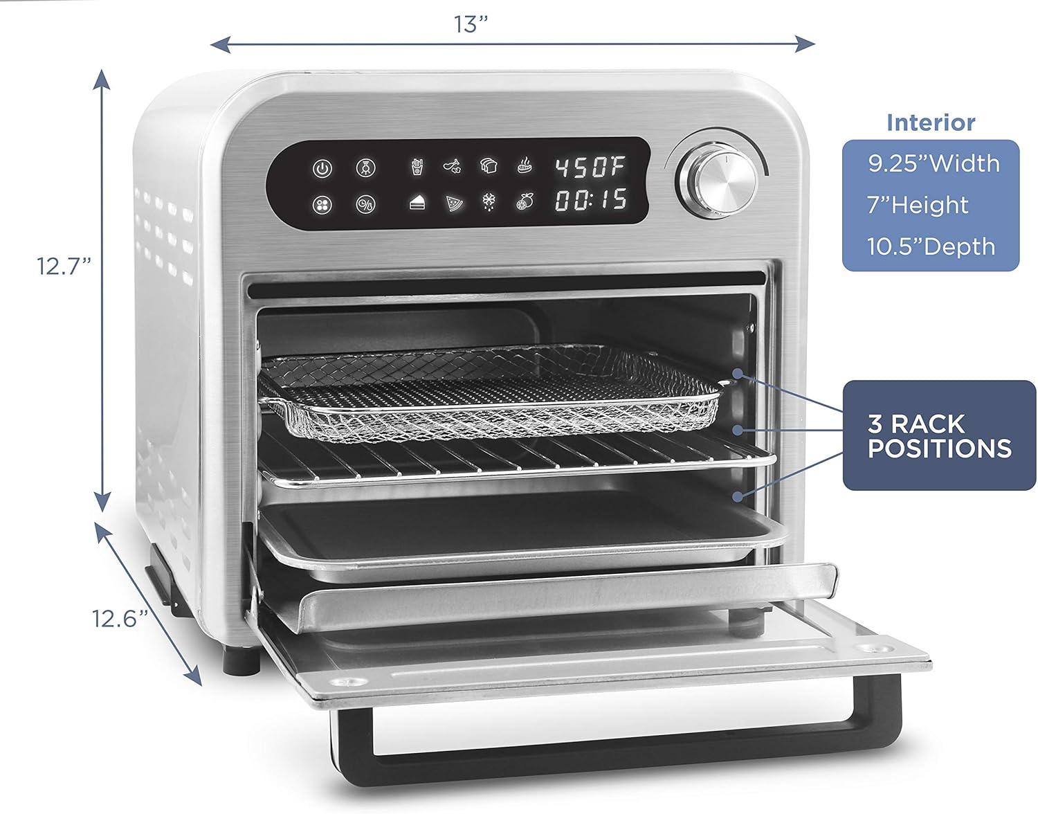 Elite Gourmet EAF1010D Programmable 10L Air Fryer Convection Countertop Oven, 8 Menu Settings, Temperature + Timer Controls, Bake, Toast, Broil, Air Fry, 1500W with Recipes, Steel Exterior