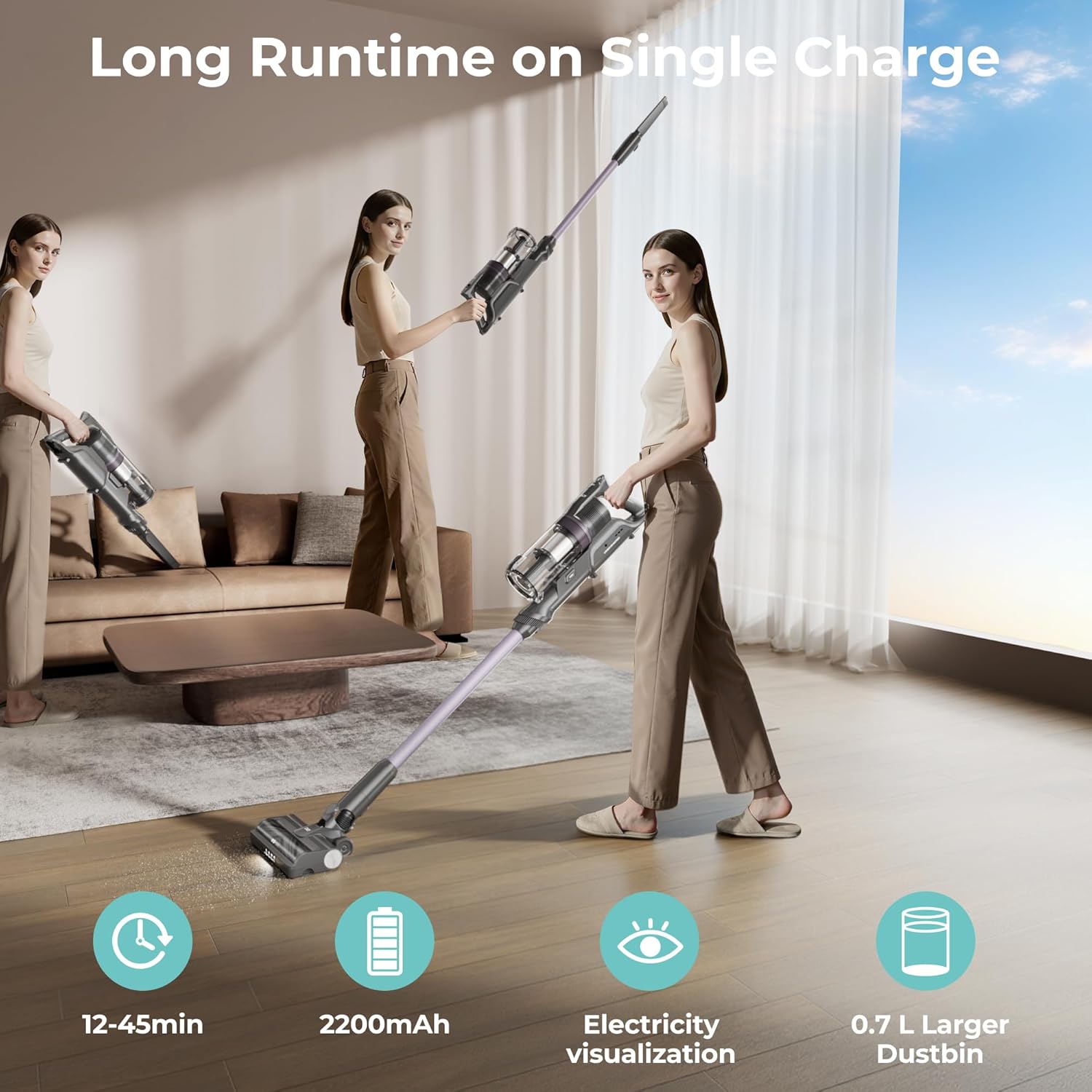 Candy Cordless Vacuum Cleaner,45Mins Vacuum Cleaners for Home,Stick Vacuum,Strong Suction,Removeable Battery,Anti-Tangle,One Click Clean,Lightweight Handheld for Hardwood Floor Carpet Pet Hair Car