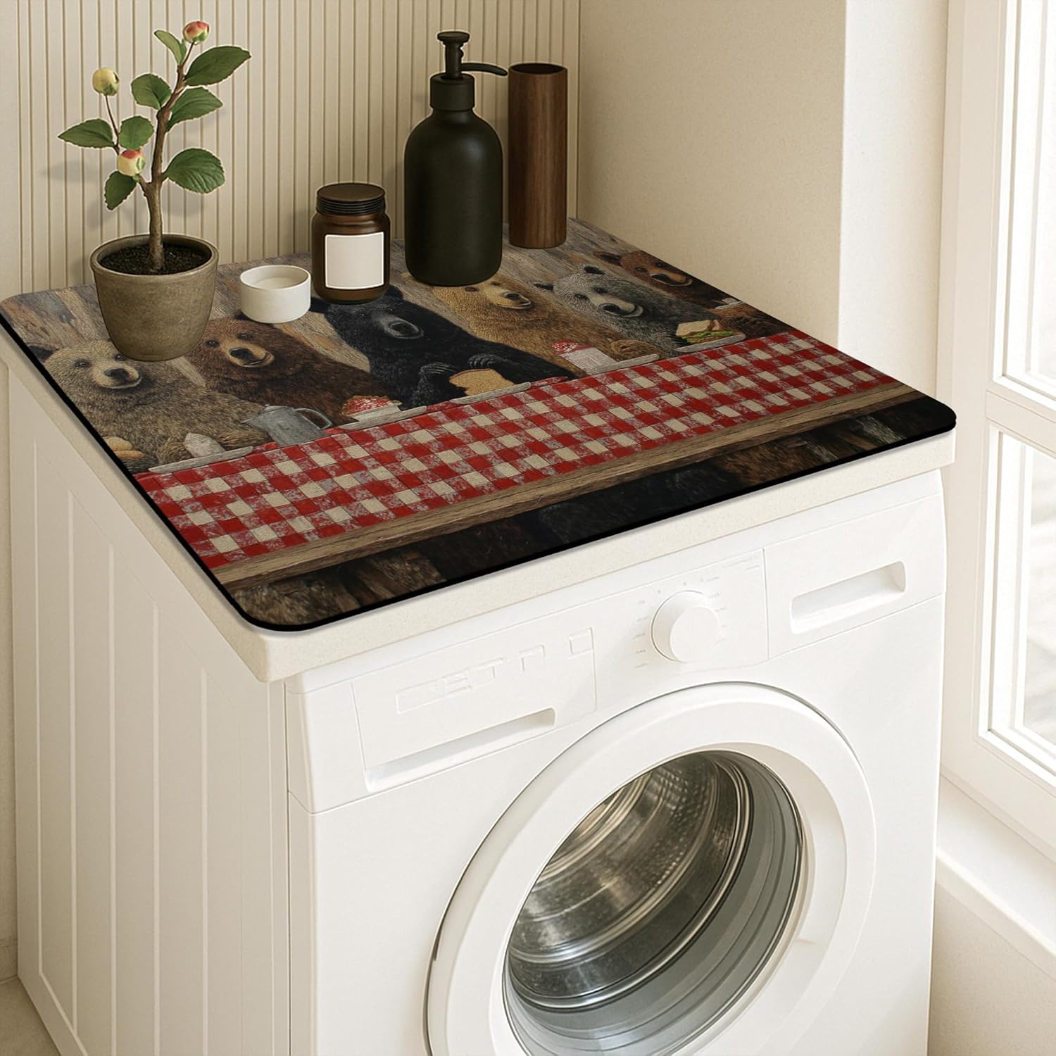 Bear Family Washer Dryer Top Protector Mat, Rustic Animal Print Laundry Machine Dust Covers, Cozy Farmhouse Rubber Anti-slip Waterproof Mats for Laundry Room 24x24 Inch