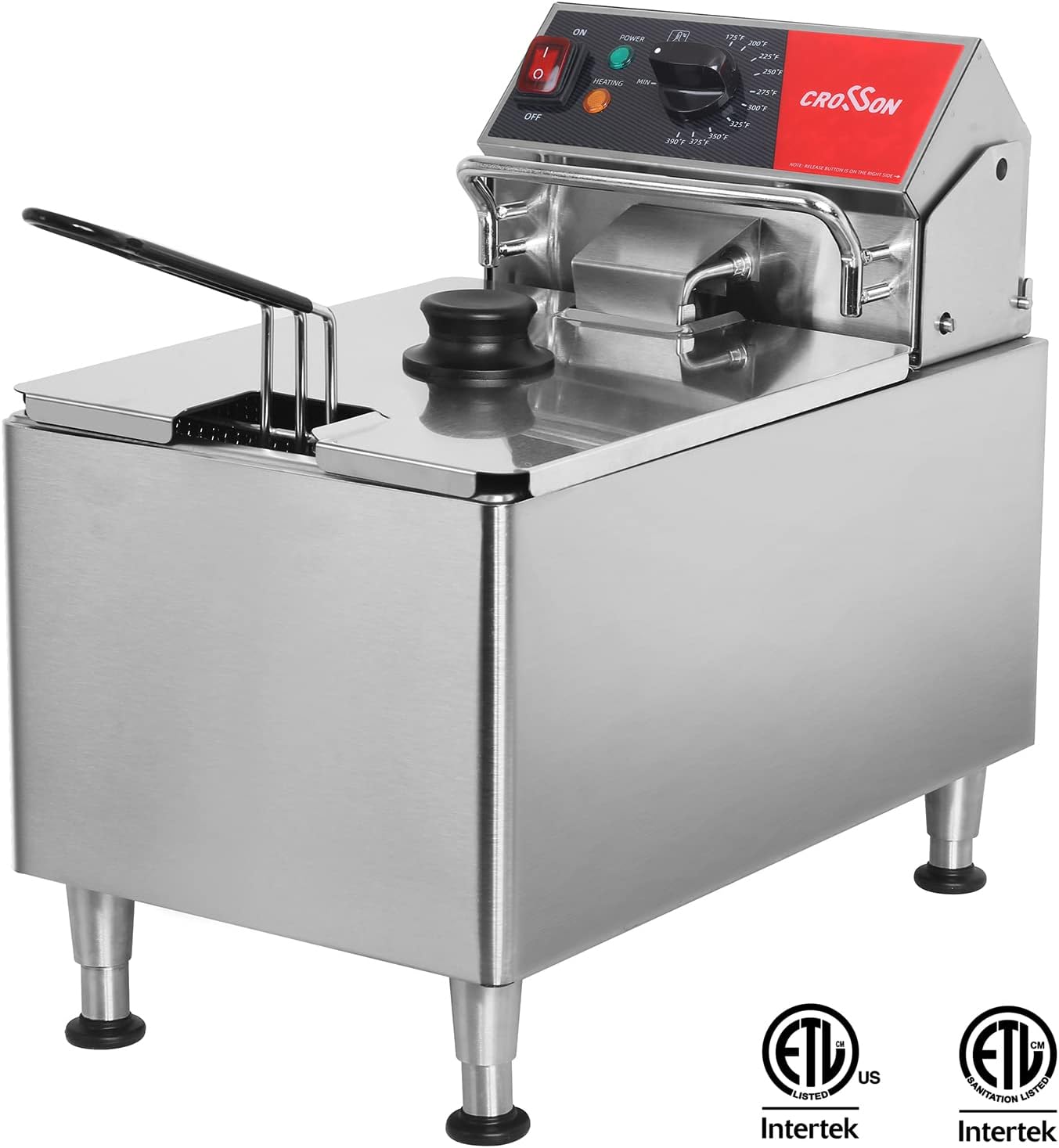 CROSSON ETL Listed 15Lbs Electric Deep Fryer with No-Assembling-Needed Solid Basket,Lid and Height Adjustable Legs for Restaurant Use,120V/1800W Commercial 8L Countertop Deep Fryer