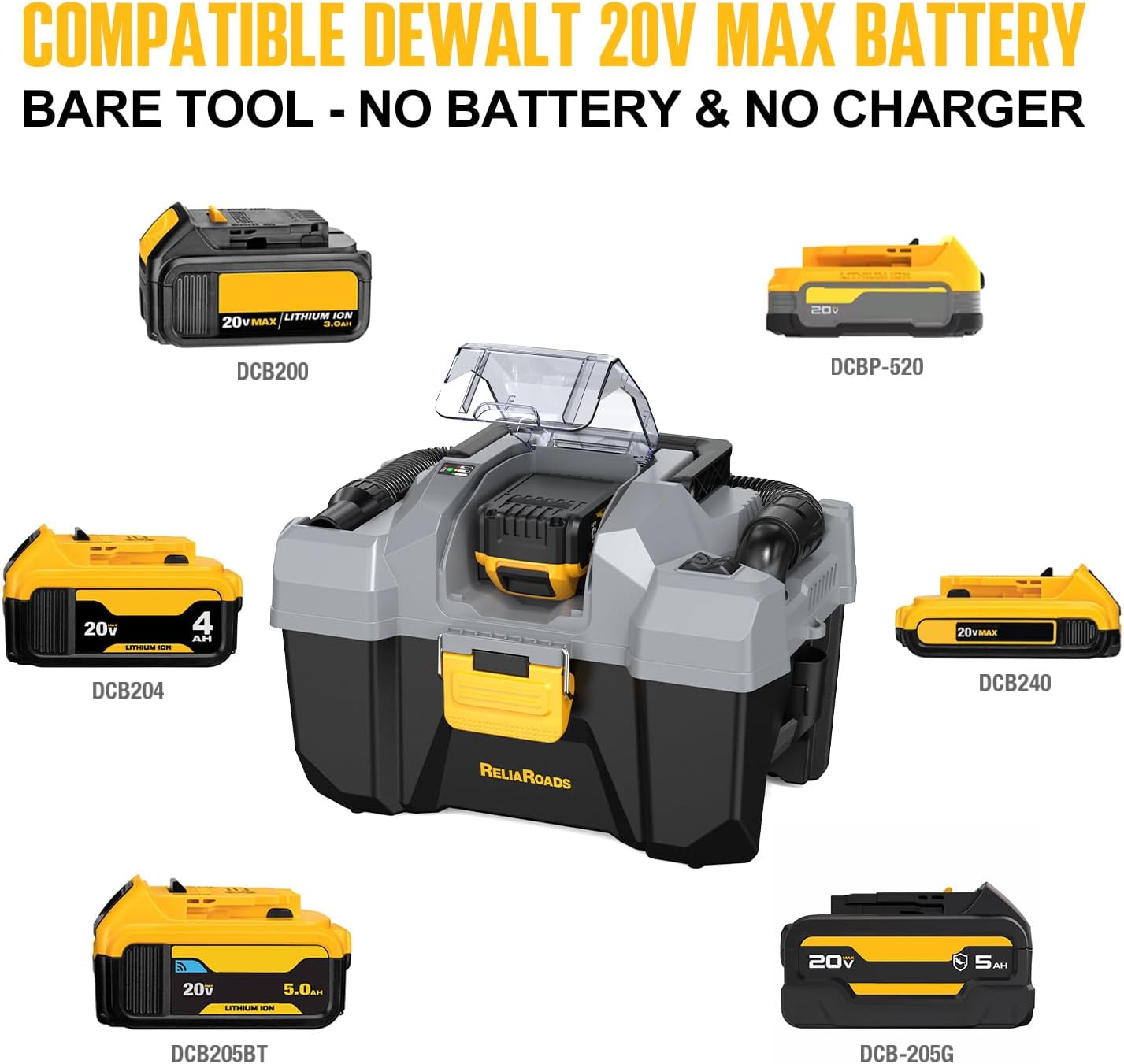 20V Cordless Vacuum Cleaner-Wet/Dry Shop Vac,2.6 Gallon Capacity,Compatible with DeWALT Batteries (Bare Tool - No Battery & No Charger),Ideal for Cleaning Car,Home Spaces,and Workshops RCSV-20