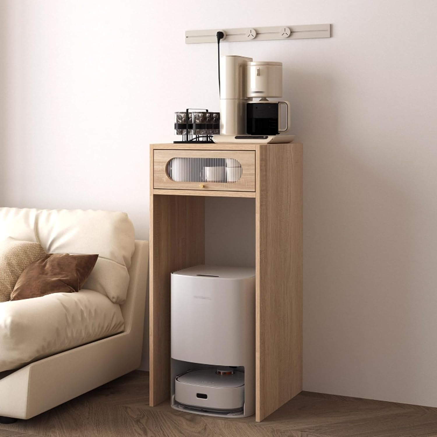 Robot Storage Rack, Robot Vacuum Stand Cabinet, Robot Vacuum Hidden Storage Cabinet, Vacuum Hidden Open Storage Shelves, Side Table Storage Cabinet for Living Room(Natural)