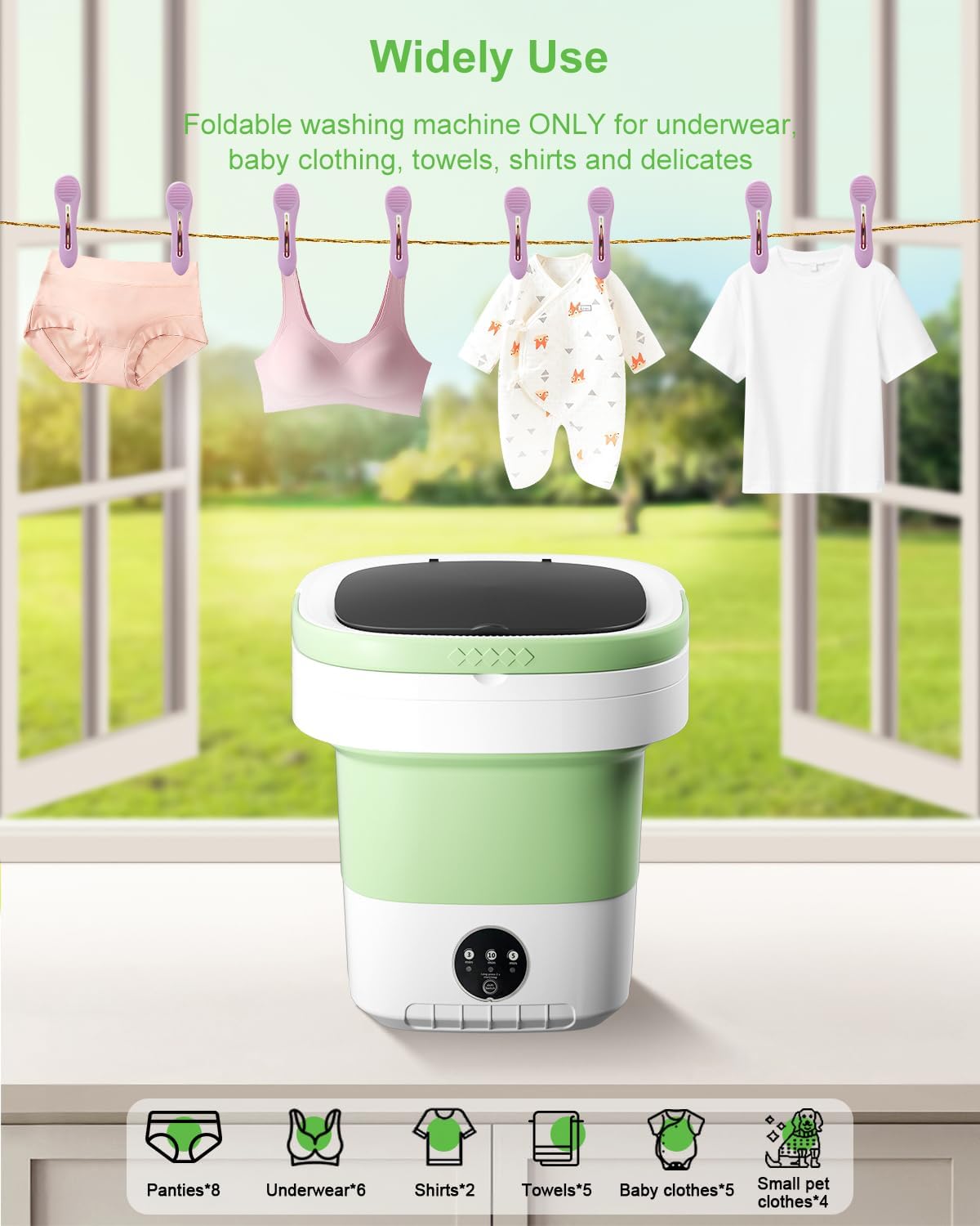 Portable Washing Machine, 16L Large Capacity Laundry Washer Cleaning for Underwear, Baby Clothes, Shirts,Small Delicates. Foldable Mini Washer and Dryer Combo for Apartment,Hotel,Camp,RV,Travel(Green)