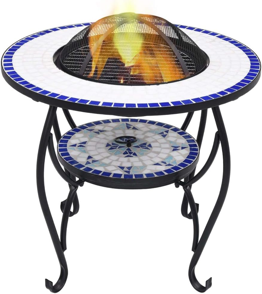 Mosaic Fire Pit Table Blue and White 26.8 Ceramic