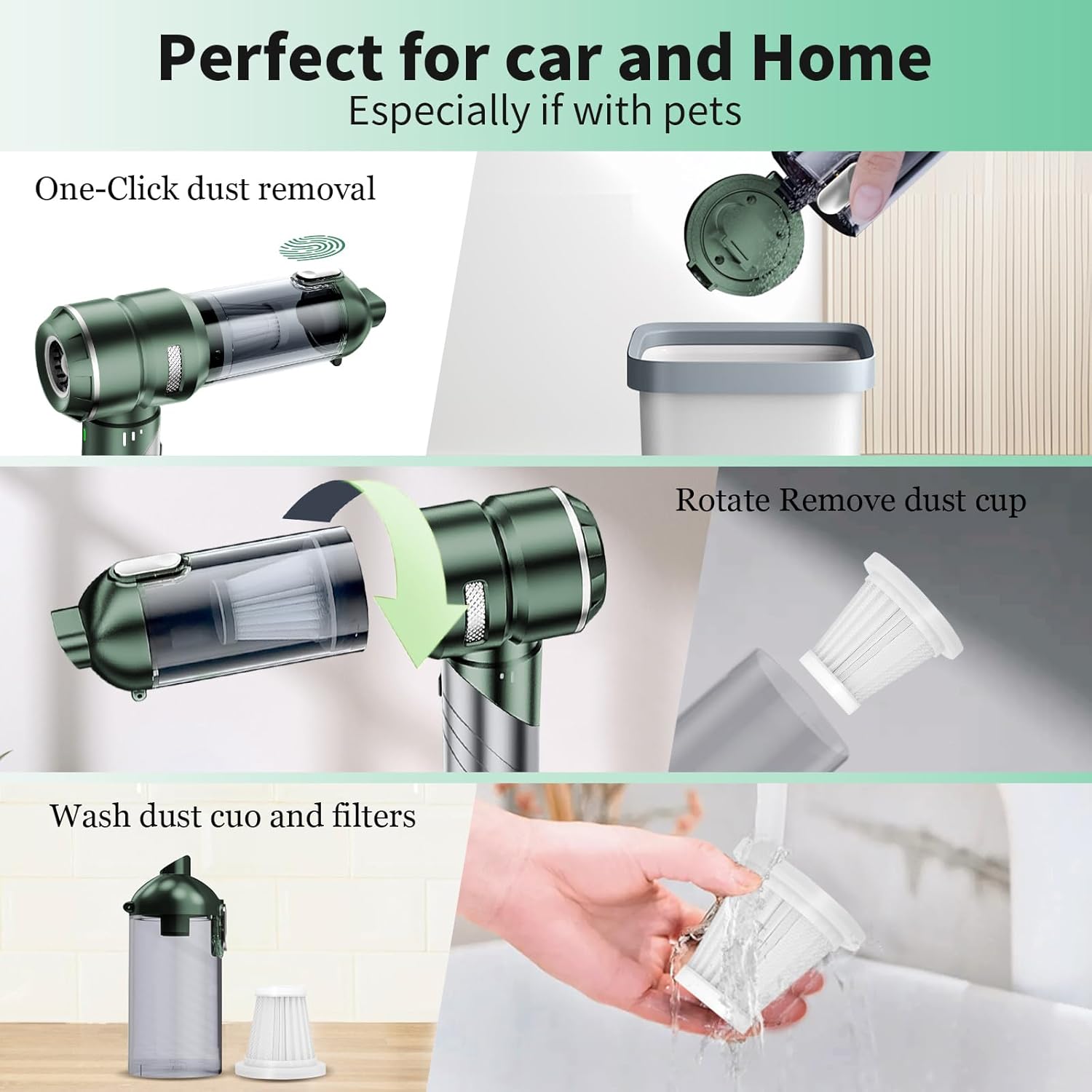 Car Vacuum Portable Cordless 21000PA High Power Mini Vacuum Cleaner 4-in-1 Compressed Air Duster & Air Blower & Pump Hand Held Vacuum with Brushless Motor for Car (Grass Green)