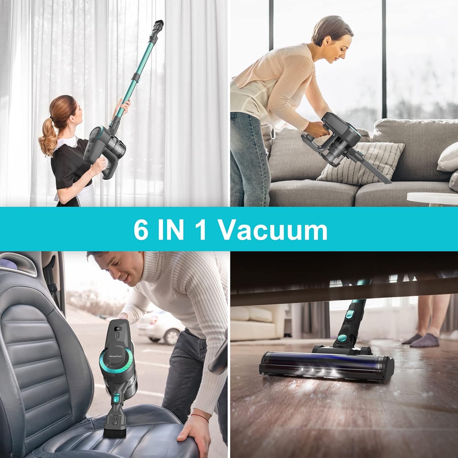 DEVOAC N300 Cordless Vacuum Cleaner, 6 in 1 Lightweight Stick Vacuum, 2200mAh Battery Up to 40mins Runtime, Powerful Handheld Vacuum for Hard Floor Rug Pet Hair Home Dorm