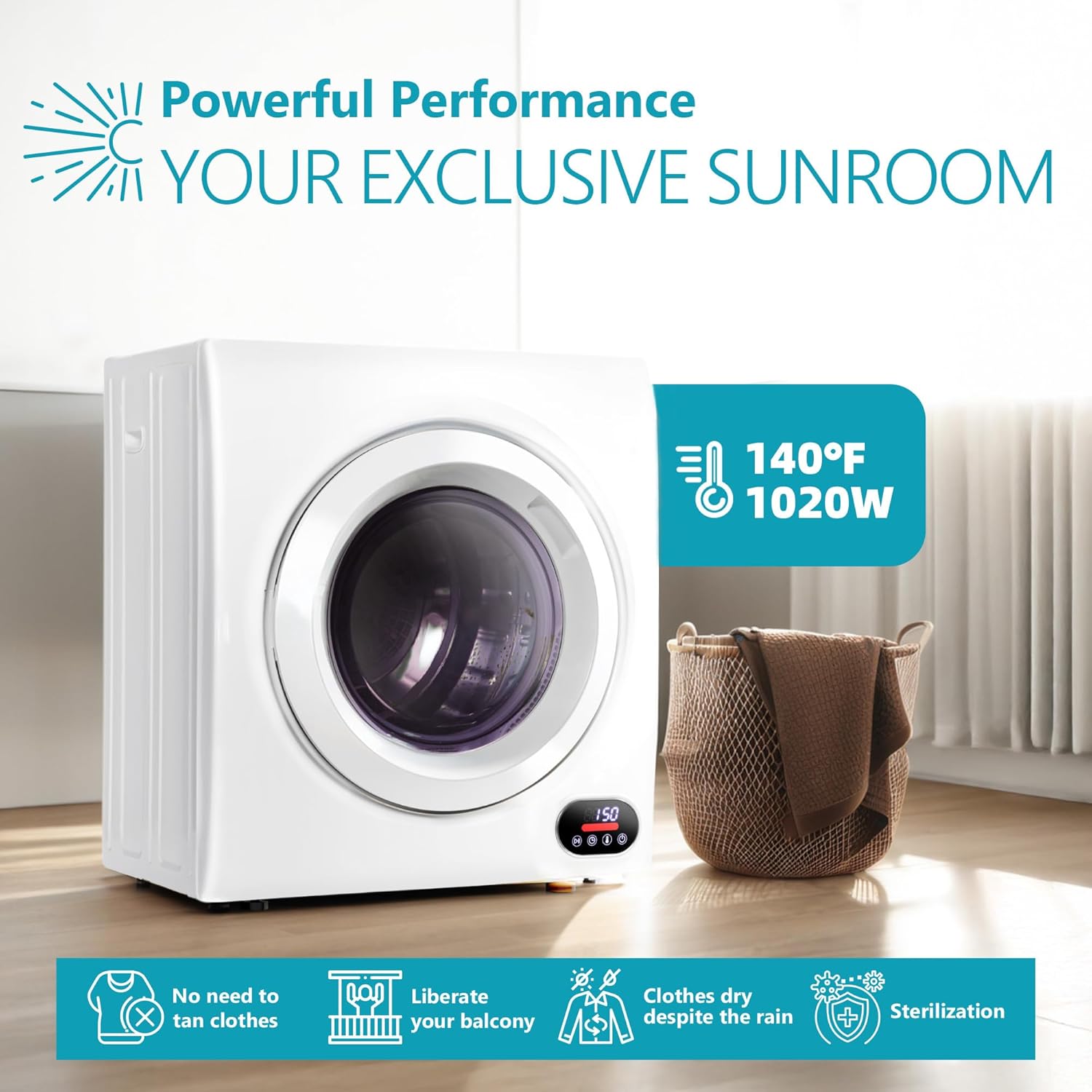 Euhomy Compact Laundry Dryer, 3.5 cu ft Front Load Stainless Steel Clothes Dryers With Exhaust Pipe, 1500W, LCD Control Panel Four-Function Portable Dryer For Apartments, Home, Dorm, White