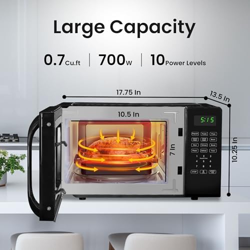 0.7 Cu Ft Microwave Countertop Small with Digital Display, 700 watt Microwave Black has 10 Power Levels & Auto Defrost Function Mini Microwave Oven Compact With Child Lock For Dorm, Home, Office