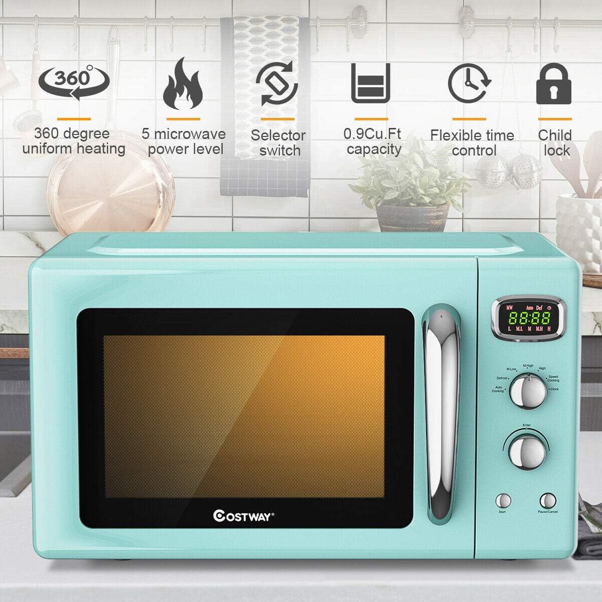 COSTWAY Retro Countertop Microwave Oven, 0.9Cu.ft, 900W Microwave Oven, with 5 Micro Power, Defrost & Auto Cooking Function, LED Display, Glass Turntable and Viewing Window, Child Lock