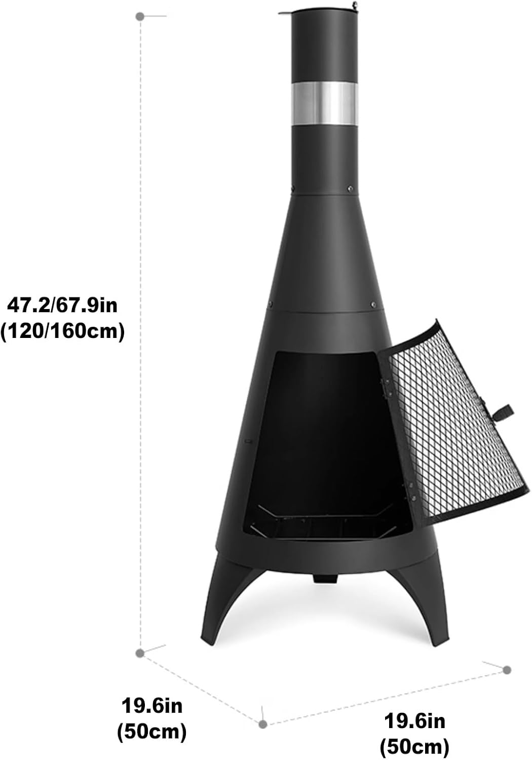 Outdoor Fireplace Outdoor Wood Burning Fire Pit Free Standing Fireplace with Log Grate Mesh Screen Wood Stove Rocket Stove for Patio Backyard Garden-Black(50x50x160cm)