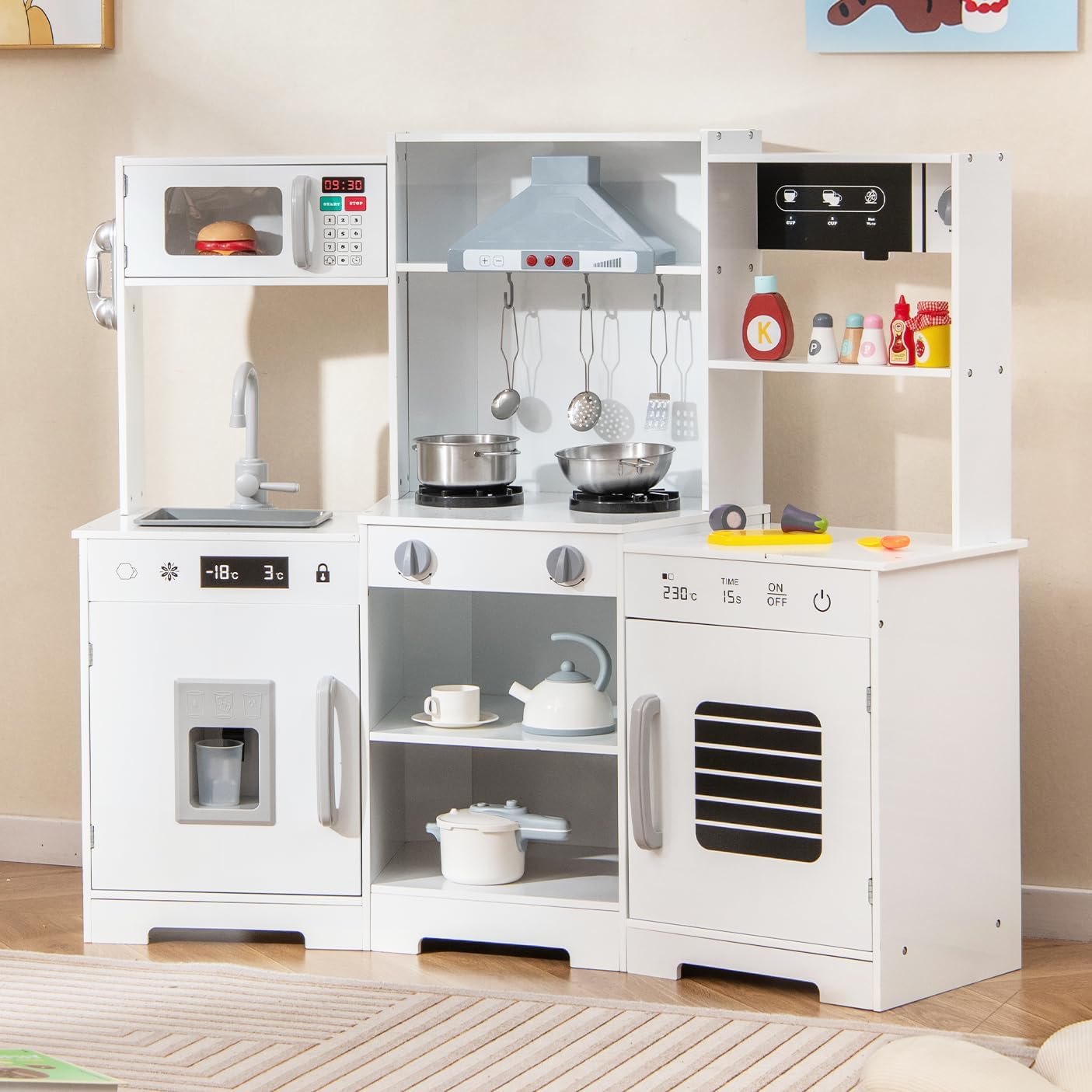 Costzon Corner Kids Kitchen Playset, Wooden Toy Kitchen Set w/Lights & Sounds Range Hood, Ice Maker, Pretend Telephone, Sink, Faucet, Microwave, Oven, Play Kitchen for Kids 3+ (White)
