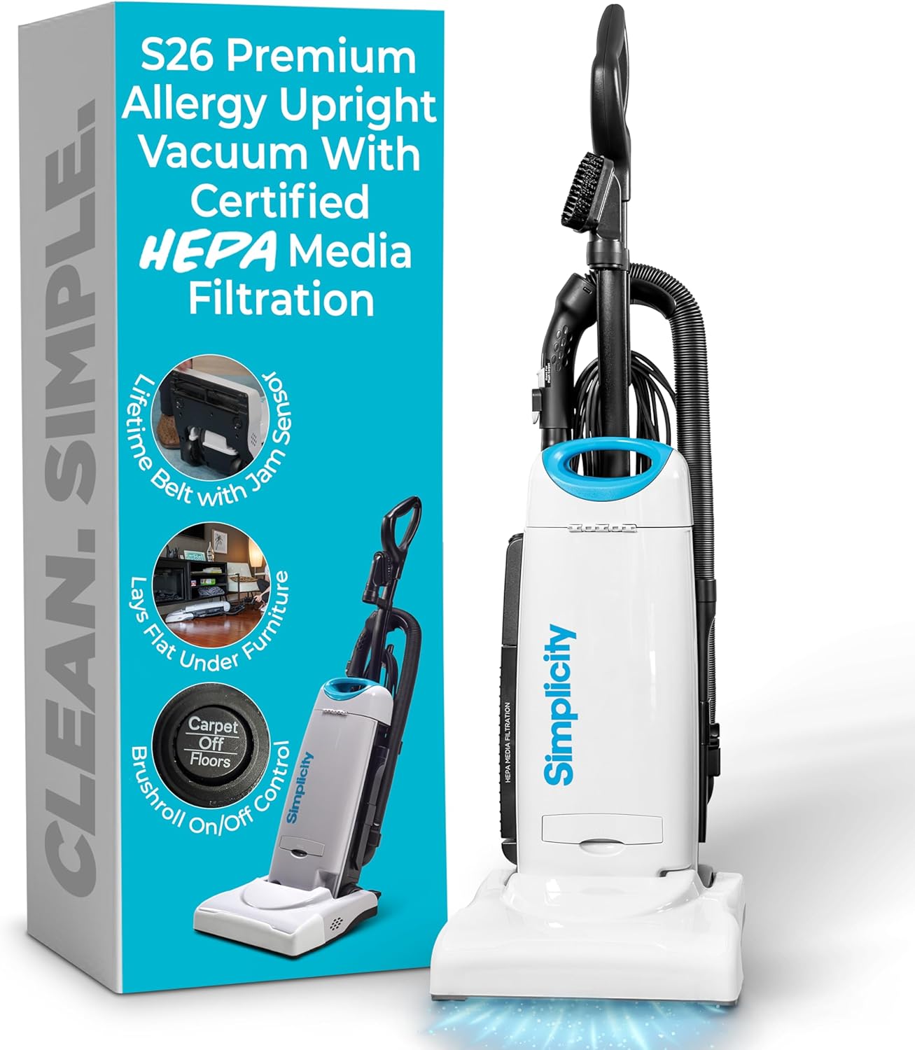 Simplicity Vacuums Premium Allergy Upright Vacuum Cleaner – Multi-Surface Bagged Vacuum Cleaner for Home with Charcoal HEPA Filter Media, Powerful Pet Hair Pickup, Brushroll Activation Switch, S26