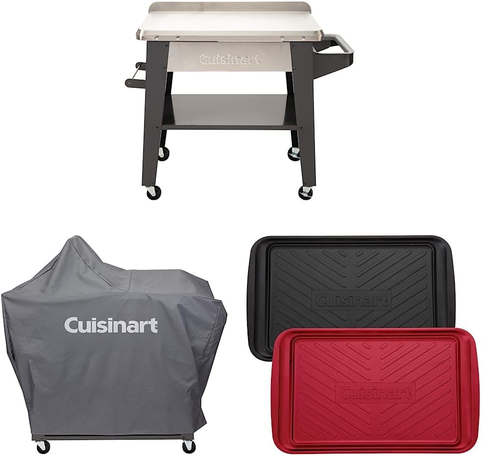 Cuisinart CPT-194 Outdoor Stainless Steel Grill Prep Table & CGWM-095 Outdoor Prep Table Cover (Fits CGWM-090 and CGWM-094) & CPK-200 Grilling Prep and Serve Trays, Black and Red