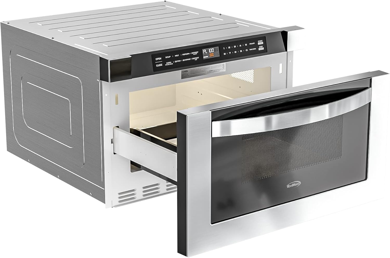 KoolMore 24 Inch Stainless-Steel Microwave Drawer with 1.2 cu. ft. Capacity, 1000W Power with 10 Custom Cooking Levels, Memory, and Timer Functions, Wall-Mounted with Flat Bottom (KM-MD-1SS)