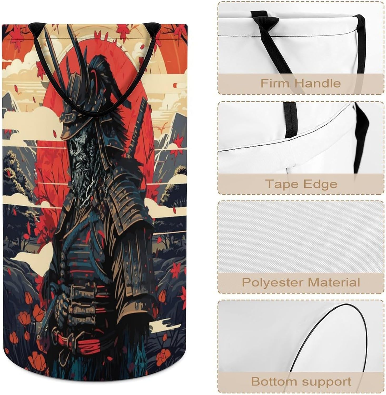 Gothic Japan Samurai Laundry Hamper Dirty Clothes,Abstract Japanese Cherry Blossom Skull Anime Samurai Maple Leaf Mount Large Laundry Basket Storage Basket For Bathroom 15.7W