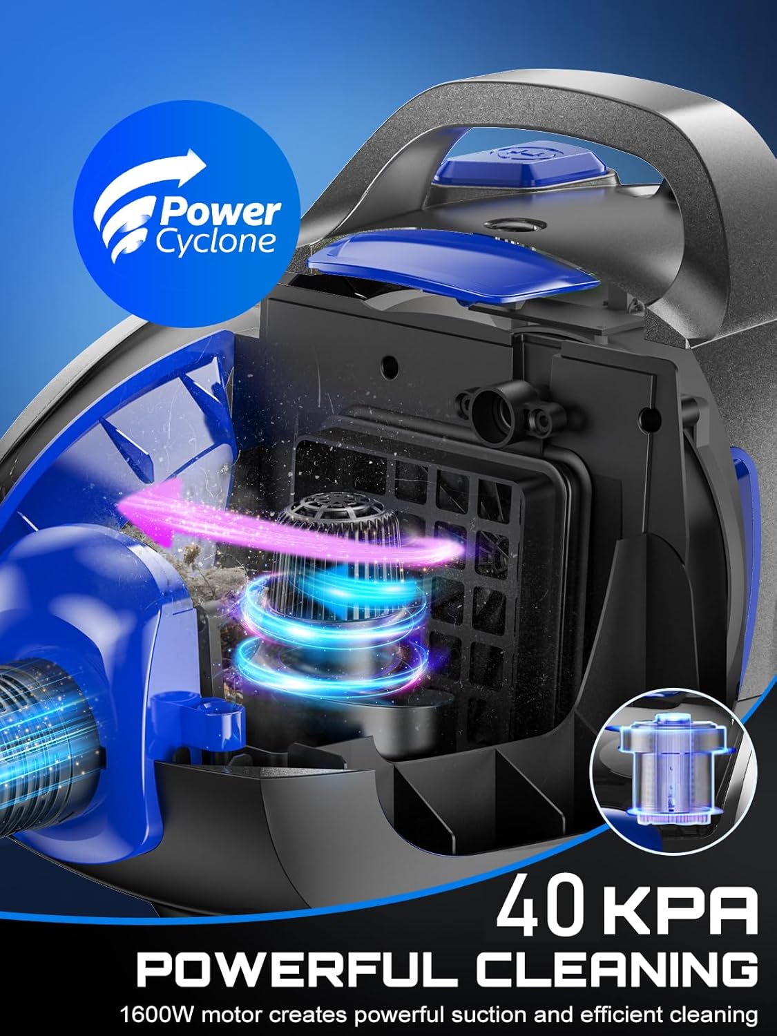 Canister Vacuum Cleaner, 40Kpa 1600W Cyclon Power Bagless Canister Vacuum Cleaners for Home, 3.7QT Large Dust Cup, Lightweight Vac for Hard Floors, Carpets, Pet Hair, Blue
