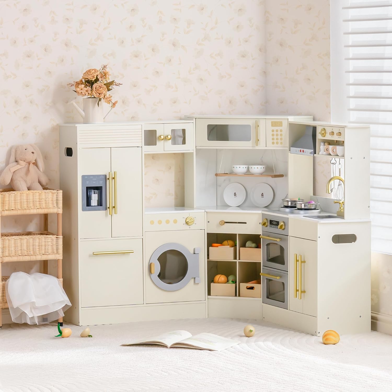 ROBOTIME Kids Kitchen Playset, Corner Wooden Play Kitchen with Fridge, Oven, Sink, Microwave & Washer, Realistic Lights & Sounds, Toddler Wooden Kitchen Toy Gift for Boys & Girls Ages 3+