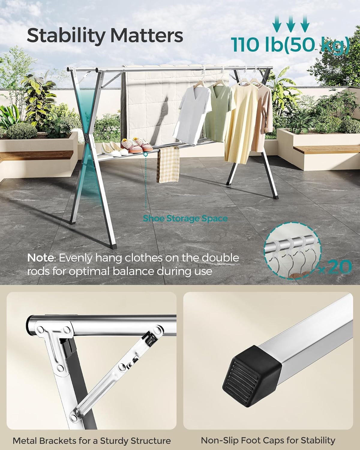 SONGMICS Clothes Drying Rack, Heavy-Duty Laundry Drying Rack, 52.4-78.7 Inches Extendable, Foldable Freestanding Airer, Stainless Steel, for Indoor Outdoor Use, Dove Gray ULLR902E01