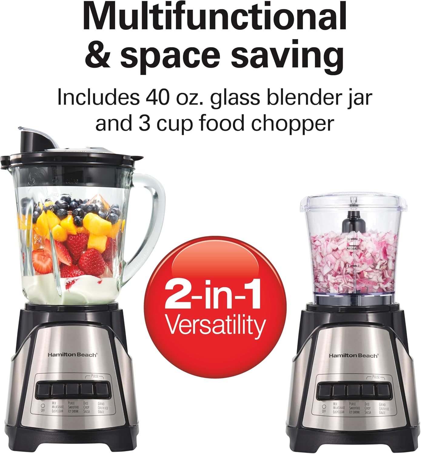 Hamilton Beach Power Elite Blender for Shakes and Smoothies with 3-Cup Vegetable Chopper Mini Food & Portable Blender for Shakes and Smoothies with 14 Oz BPA Free Travel Cup and Lid