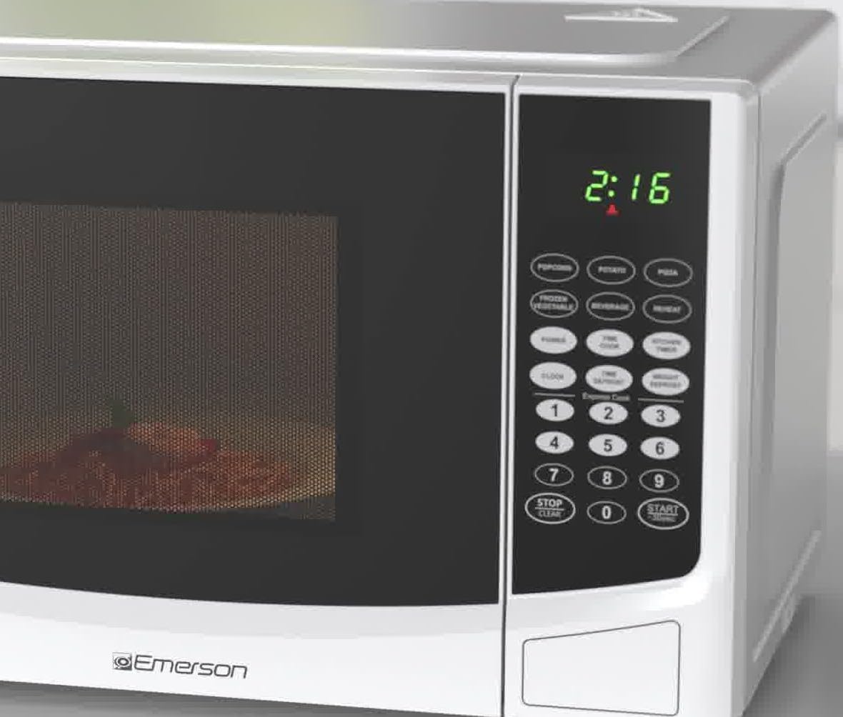 Emerson 0.9 Cu. Ft. Compact Countertop Microwave Oven with Touch Control, LED Display, 900W, 6 Auto Menus with Removable Glass Turntable and Child Safety Lock, MW9255W, White