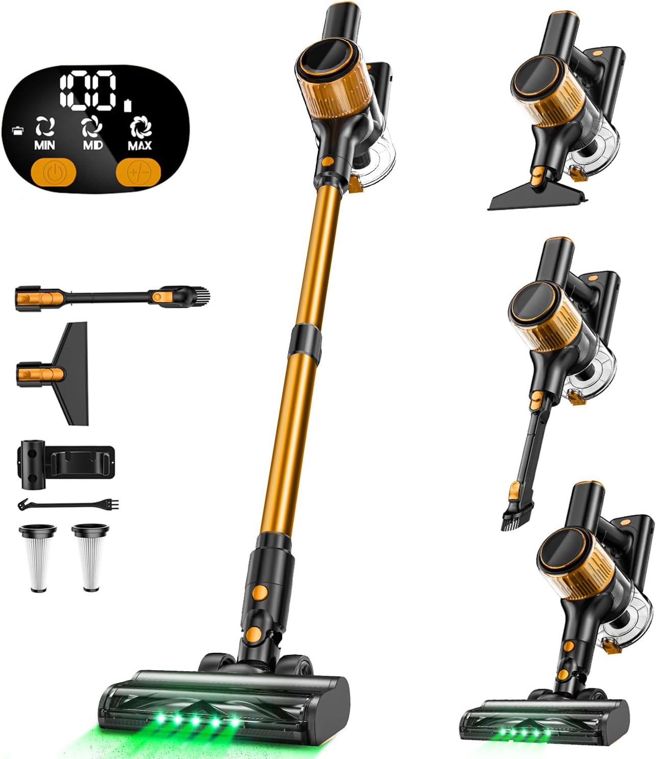 Cordless Vacuum Cleaner, 30Kpa 8 in 1 Lightweight Stick Vacuum with Sofa Brush, 350W Motor, Anti-Tangle Brush with Green Light, 40mins Runtime Rechargeable Vacuums for Hardwood Floor, Carpet, Pet Hair