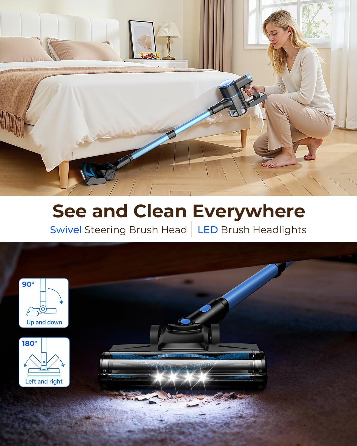 N8 Cordless Vacuum Cleaner, Lightweight Stick Vacuum with Powerful Suction, 2200mAh Battery, 40 Mins Runtime, Self-Standing, Rechargeable Vacuum Cleaners for Home Hardwood Floor Carpet Pet Hair