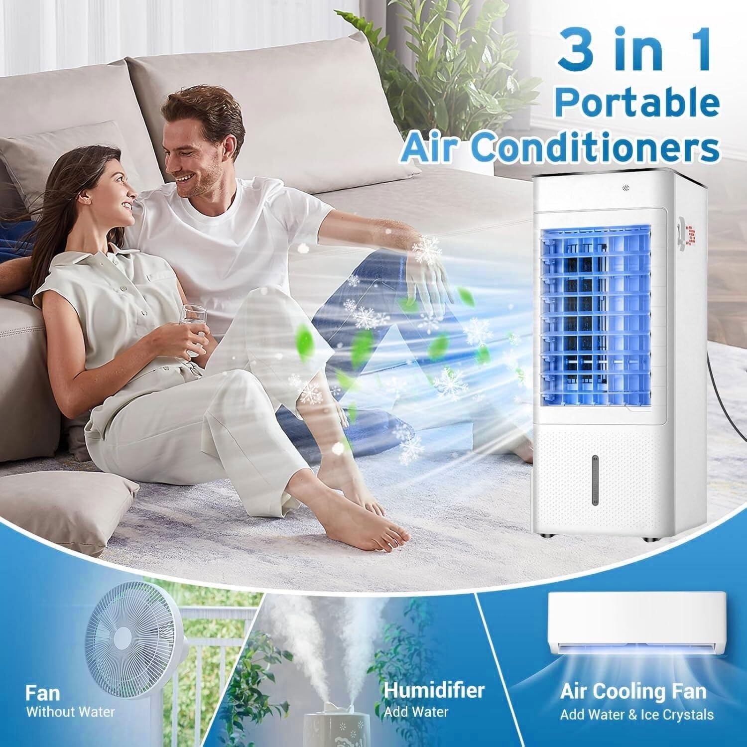 Windowless Portable Air Conditioner, 3-in-1 Evaporative Air Cooler with 7L Tank, Remote Control, 12H Timer, Oscillation, and 3 Speeds for Bedroom & Indoor Use