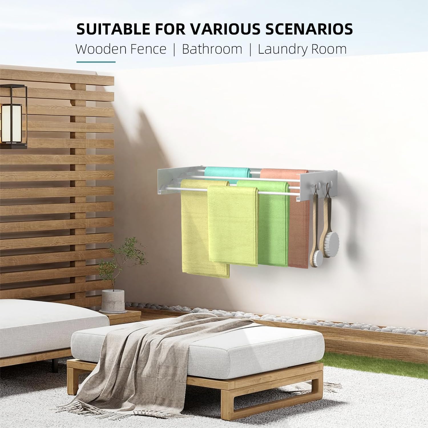 Drying Rack Clothing,Clothes Drying Rack Wall Mounted,Laundry Drying Rack Wall Mount,Foldable,Collapsible,60 lb Capacity 4 Aluminium Poles with 8 Hooks,Space Saving Clothes Drying Rack,White 23.6