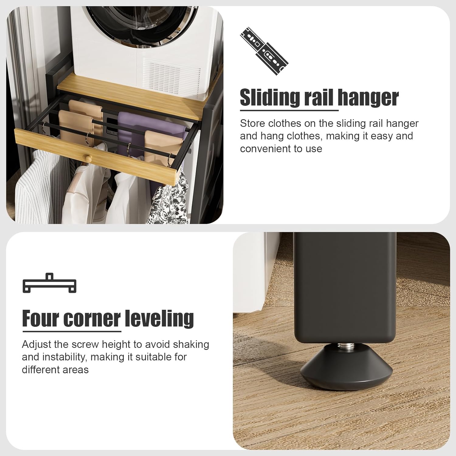 Washer Dryer Stacking Rack, Freestanding Over The Washer and Dryer Rack with Sliding Rail Hanger for Laundry Room, Bathroom Organization, 200KG Load Capacity, 24.8