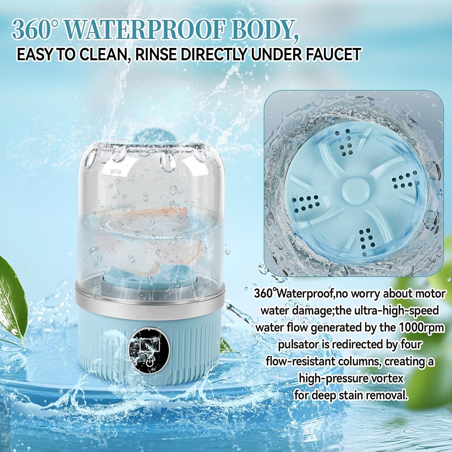 JOJOCY Portable Mini Washing Machine, Rechargeable 15W Cordless Underwear Washer for Bra, Socks, Baby Clothes, Travel & Dorm Use USB-Powered Laundry Cup 2 Wash Modes (Blue)