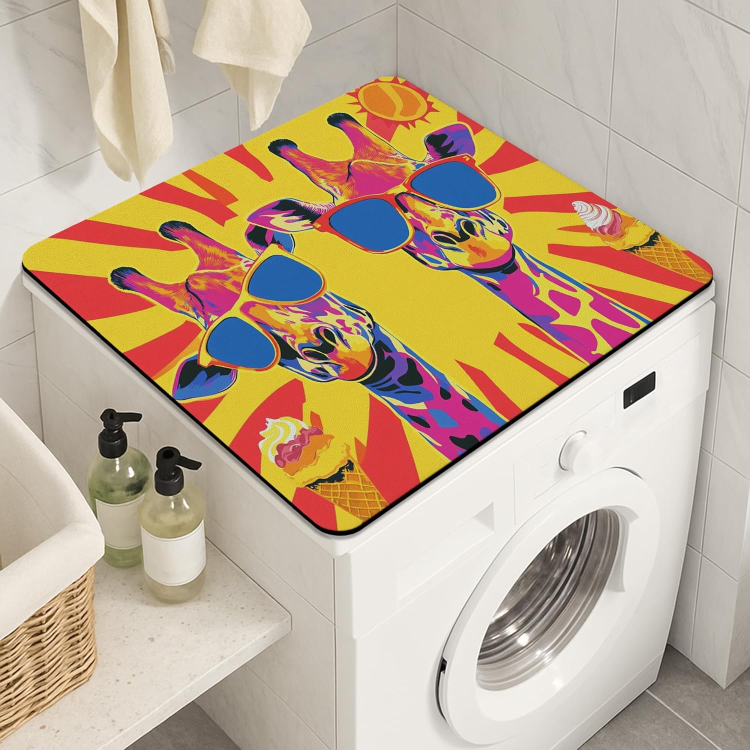 Vibrant Giraffe Washer Dryer Top Protector Mat, Colorful Pop Art Laundry Machine Dust Covers, Fun Summer Rubber Anti-slip Waterproof Mats for Laundry Room 24x24 Inch